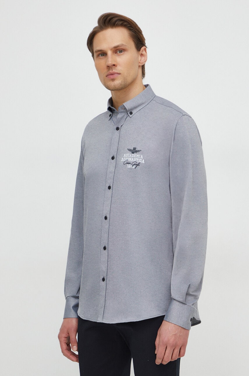 Aeronautica Militare camasa barbati, culoarea gri, cu guler button-down, regular