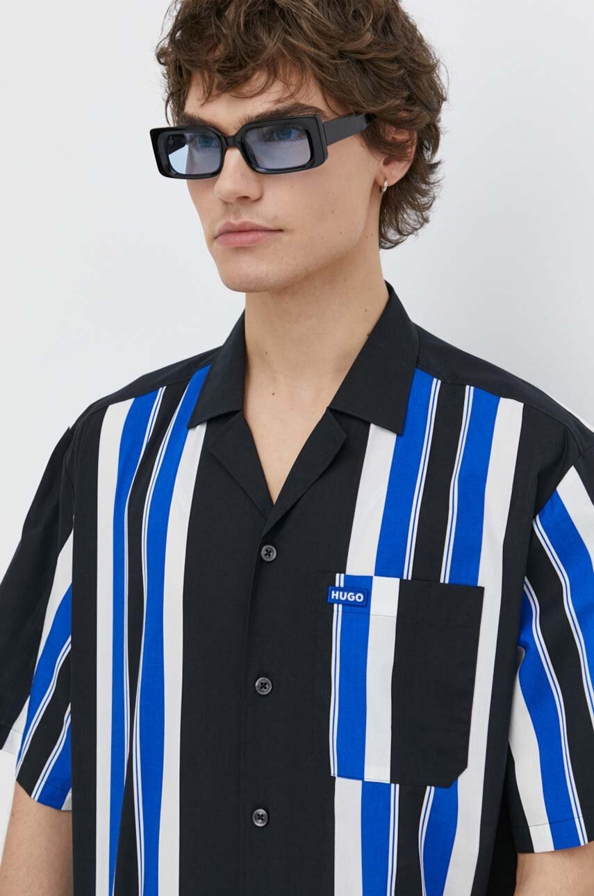 Βαμβακερό πουκάμισο Hugo Blue ανδρικό, χρώμα: μαύρο φωτογραφία