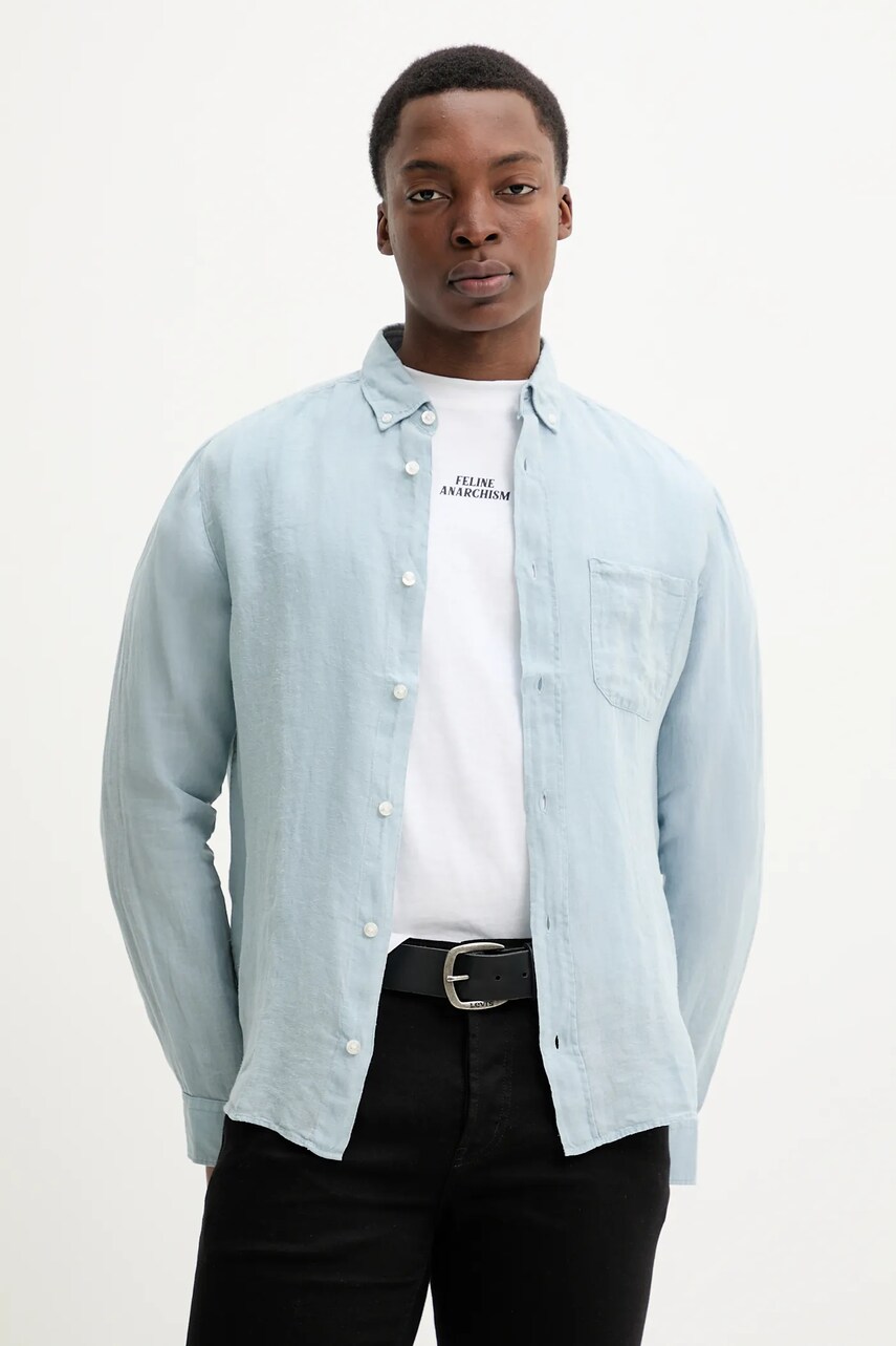 Levně Lněná košile HUGO modrá barva, regular, s límečkem button-down, 50514162