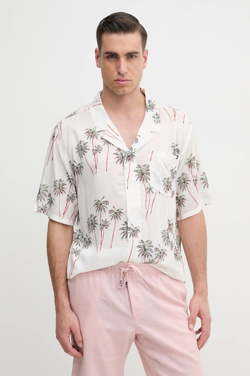 Levně Košile Tommy Hilfiger pánská, béžová barva, relaxed, UM0UM03227