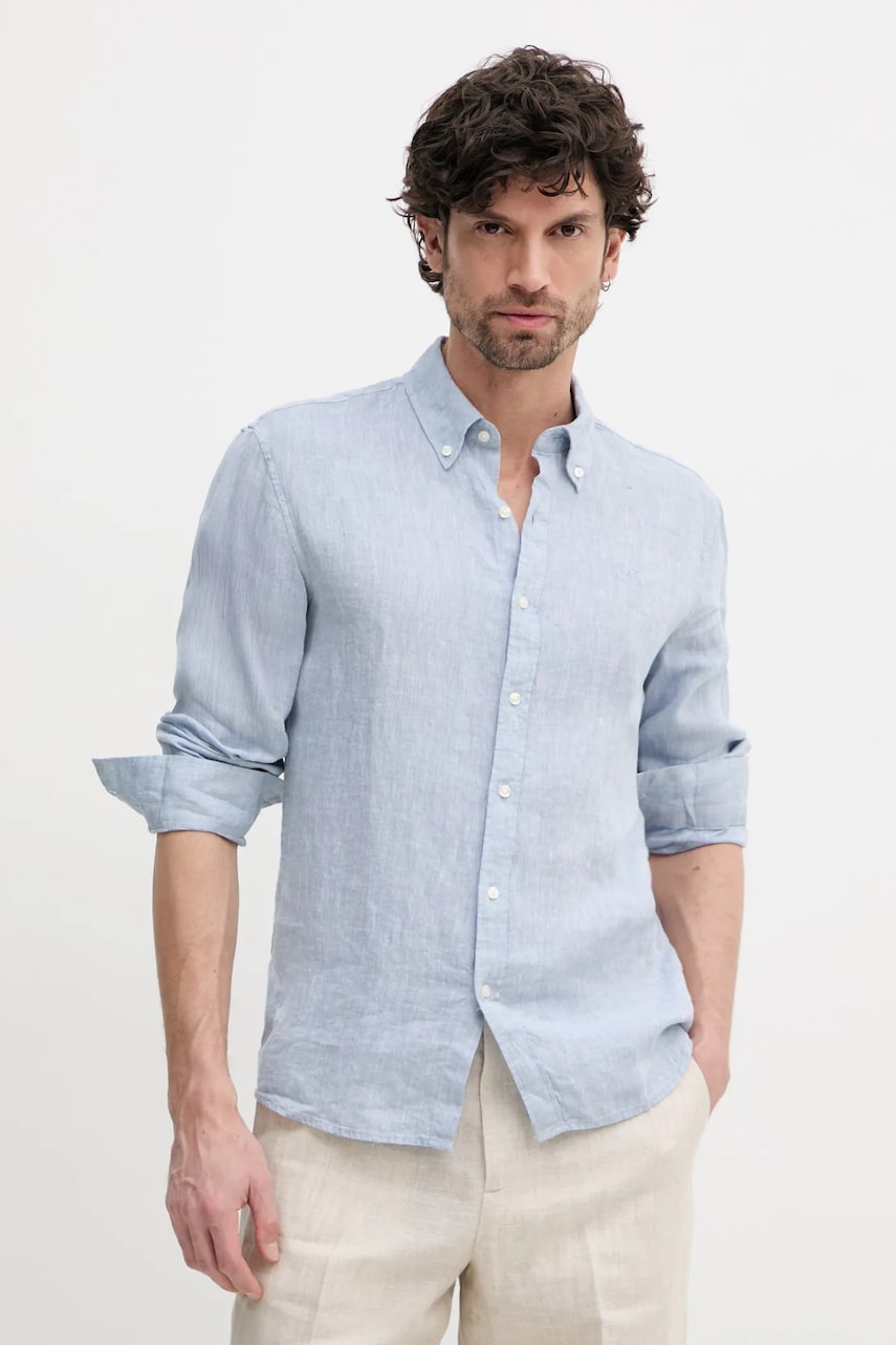 Levně Lněná košile Michael Kors modrá barva, slim, s límečkem button-down