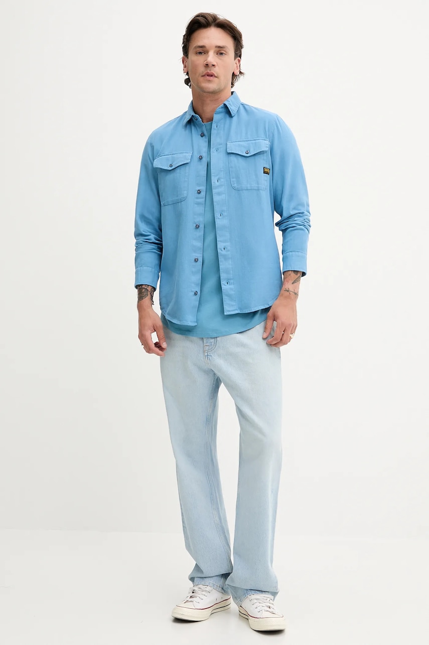 Хлопковая рубашка G-Star Raw цвет зелёный regular классический воротник Хлопковая рубашка G-Star Raw цвет зелёный regular классический воротник