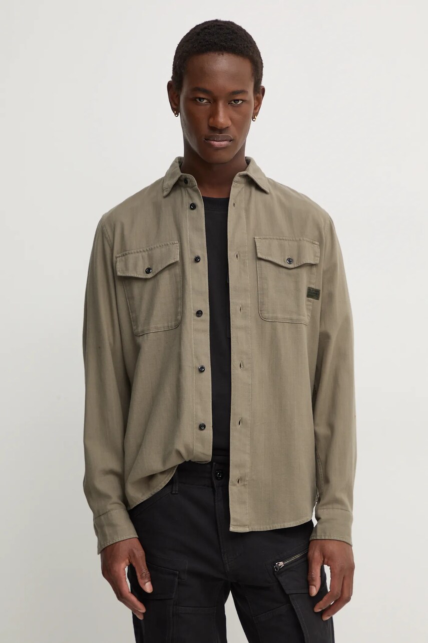 G-Star Raw camasa din bumbac barbati, culoarea verde, cu guler clasic, regular G-Star Raw camasa din bumbac barbati, culoarea verde, cu guler clasic, regular