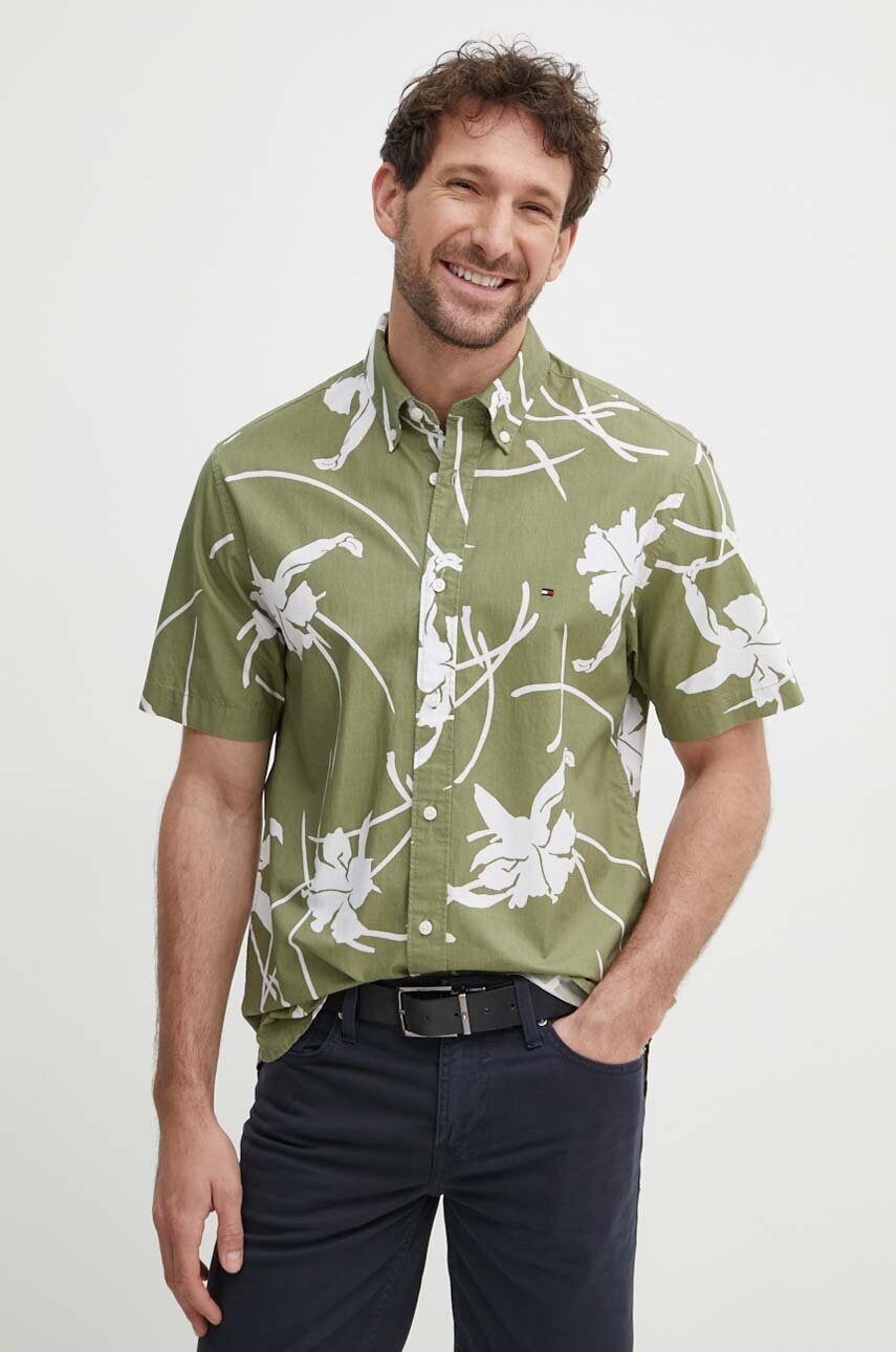 Levně Bavlněná košile Tommy Hilfiger zelená barva, regular, s límečkem button-down, MW0MW34587