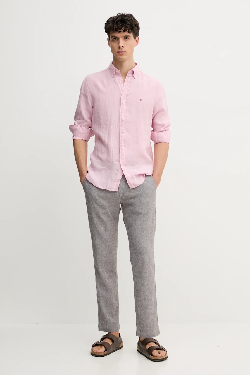 Льняная рубашка Tommy Hilfiger цвет розовый regular воротник button-down MW0MW34602 Льняная рубашка Tommy Hilfiger цвет розовый regular воротник button-down MW0MW34602