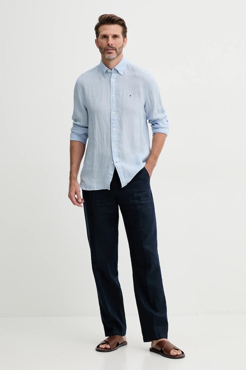 Льняная рубашка Tommy Hilfiger цвет синий regular воротник button-down MW0MW34602 Льняная рубашка Tommy Hilfiger цвет синий regular воротник button-down MW0MW34602