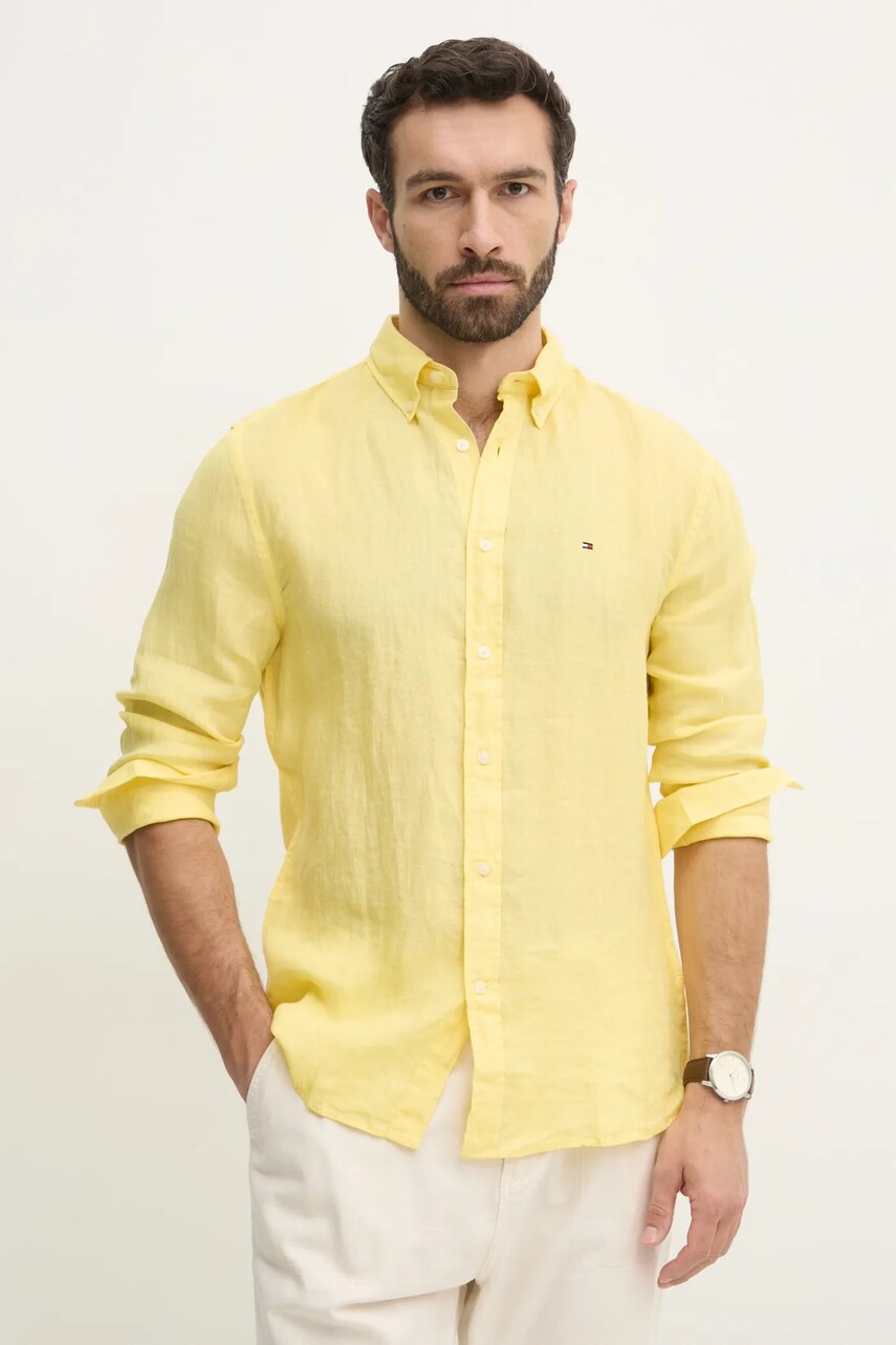 Levně Lněná košile Tommy Hilfiger žlutá barva, regular, s límečkem button-down, MW0MW34602