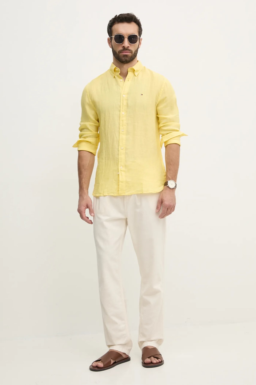 Льняная рубашка Tommy Hilfiger цвет жёлтый regular воротник button-down MW0MW34602 Льняная рубашка Tommy Hilfiger цвет жёлтый regular воротник button-down MW0MW34602
