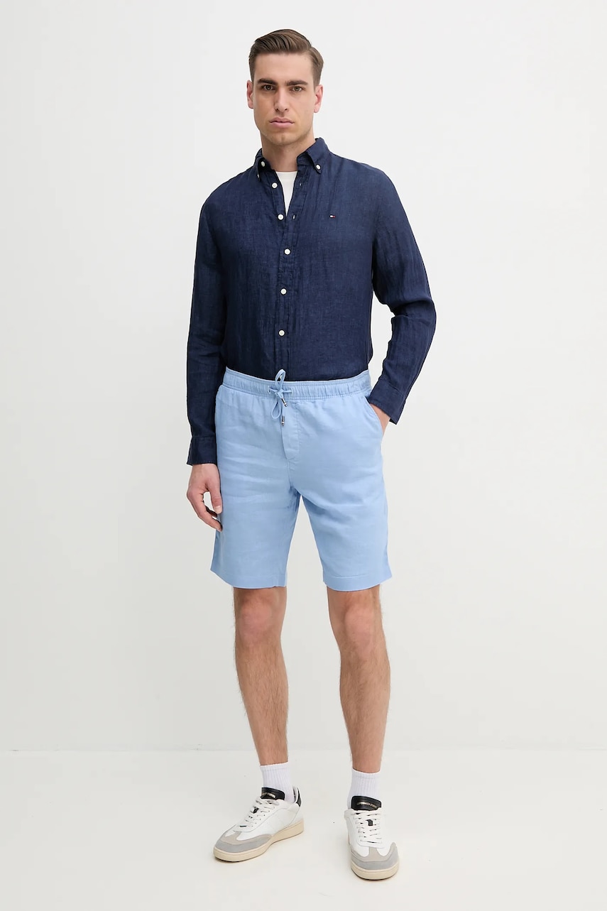 Льняная рубашка Tommy Hilfiger цвет синий regular воротник button-down MW0MW34602 Льняная рубашка Tommy Hilfiger цвет синий regular воротник button-down MW0MW34602