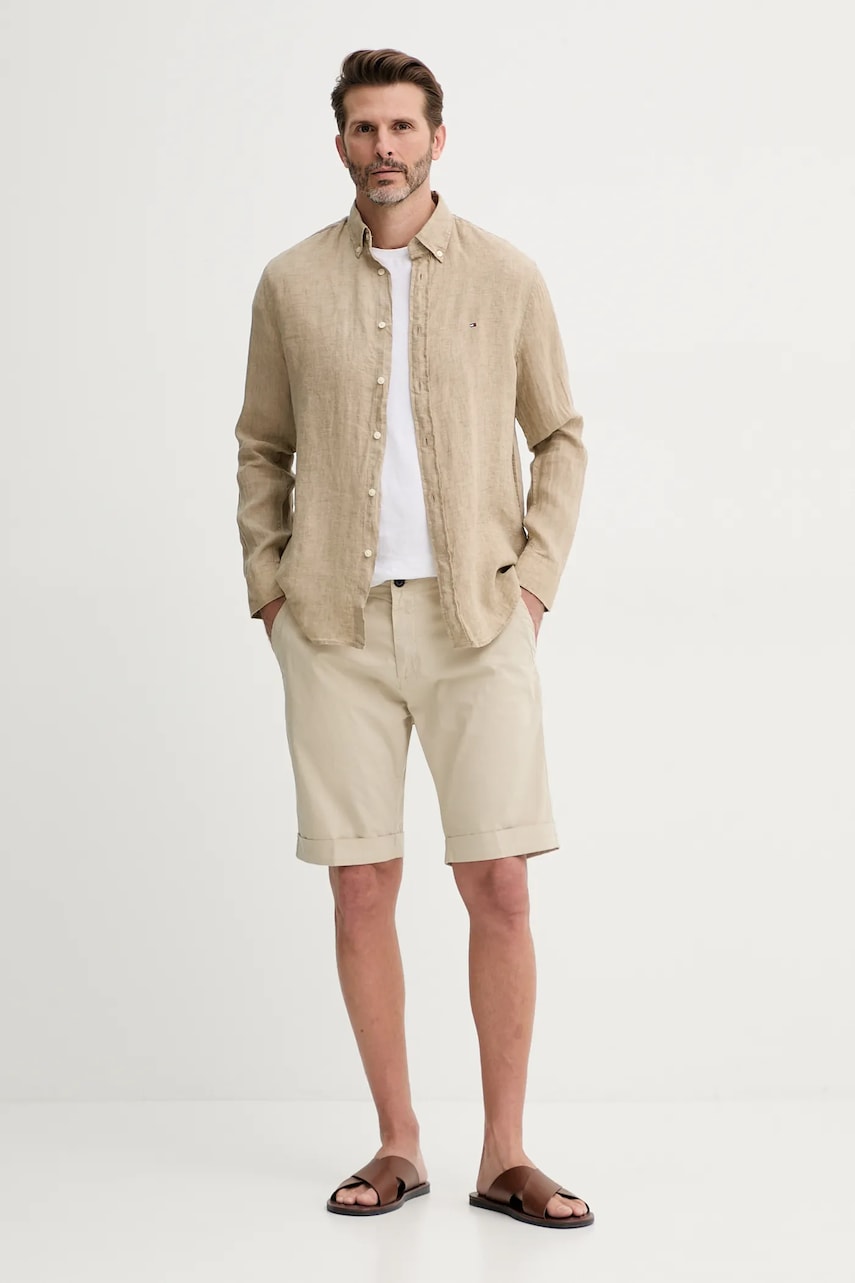 Льняная рубашка Tommy Hilfiger цвет синий regular воротник button-down MW0MW34602 Льняная рубашка Tommy Hilfiger цвет синий regular воротник button-down MW0MW34602