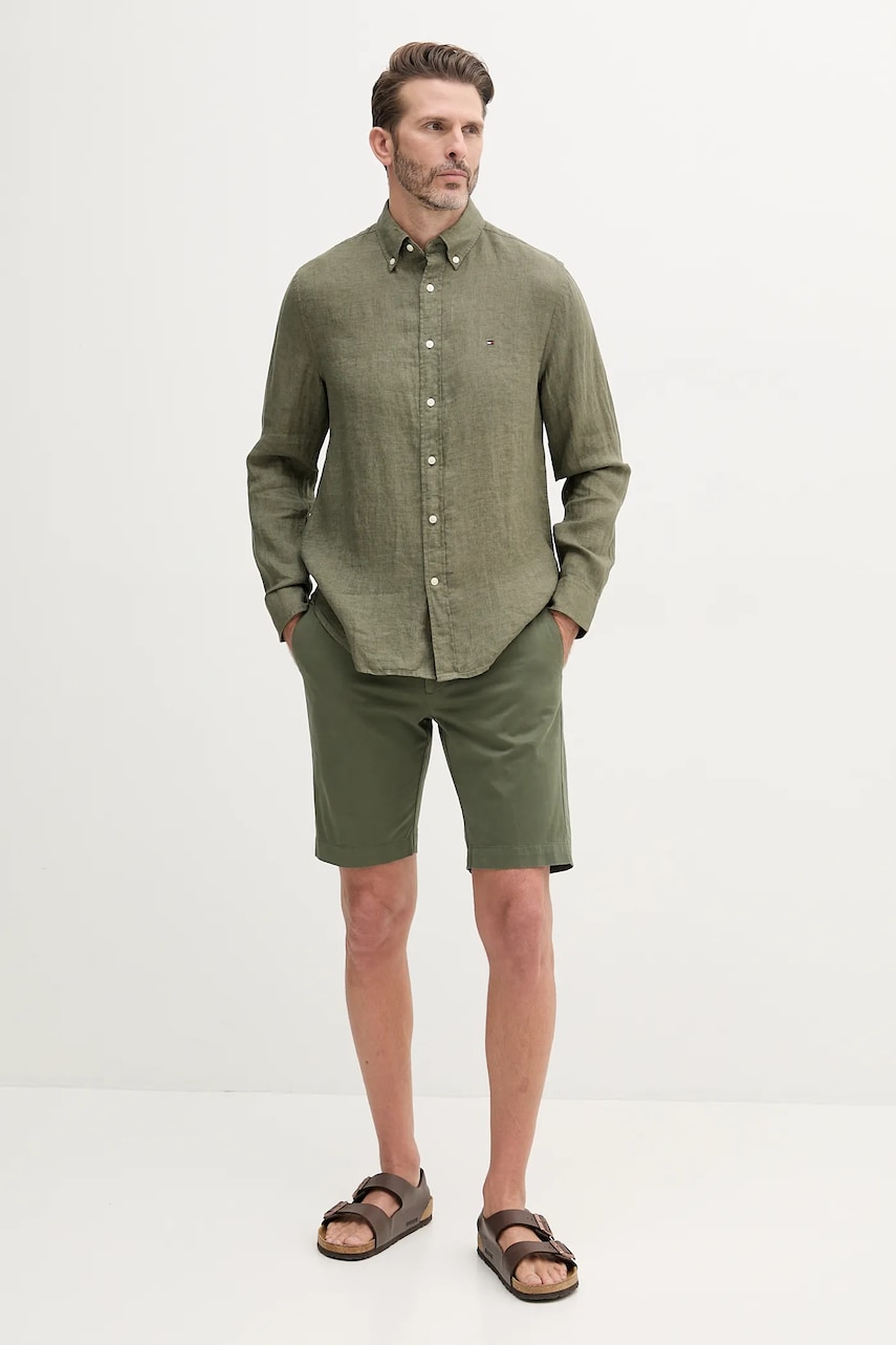 Льняная рубашка Tommy Hilfiger цвет синий regular воротник button-down MW0MW34602 Льняная рубашка Tommy Hilfiger цвет синий regular воротник button-down MW0MW34602