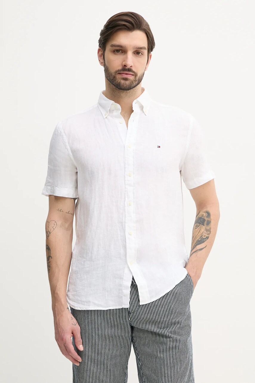 Levně Lněná košile Tommy Hilfiger bílá barva, regular, s límečkem button-down, MW0MW35207