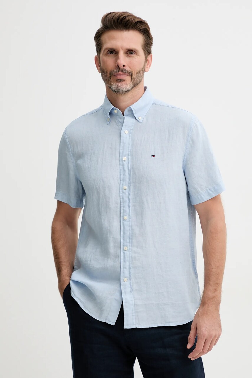 Lněná košile Tommy Hilfiger modrá barva, regular, s límečkem button-down, MW0MW35207