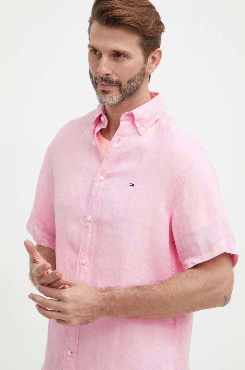 Levně Lněná košile Tommy Hilfiger růžová barva, regular, s límečkem button-down, MW0MW35207