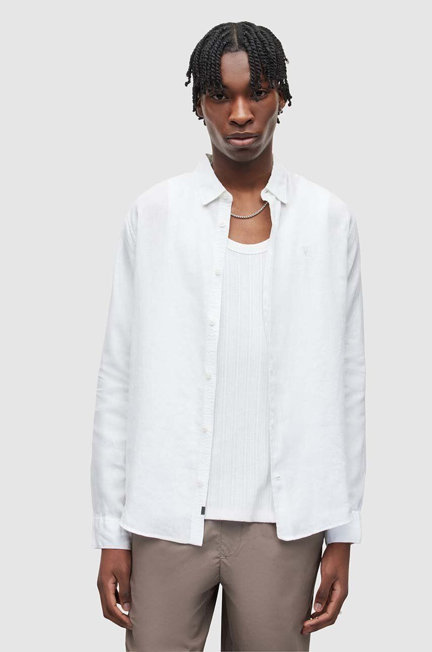 Levně Lněná košile AllSaints CYPRESS bílá barva, relaxed, s klasickým límcem