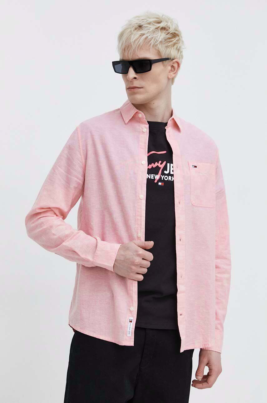 Tommy Jeans camasa din amestec de in culoarea roz, cu guler clasic, regular