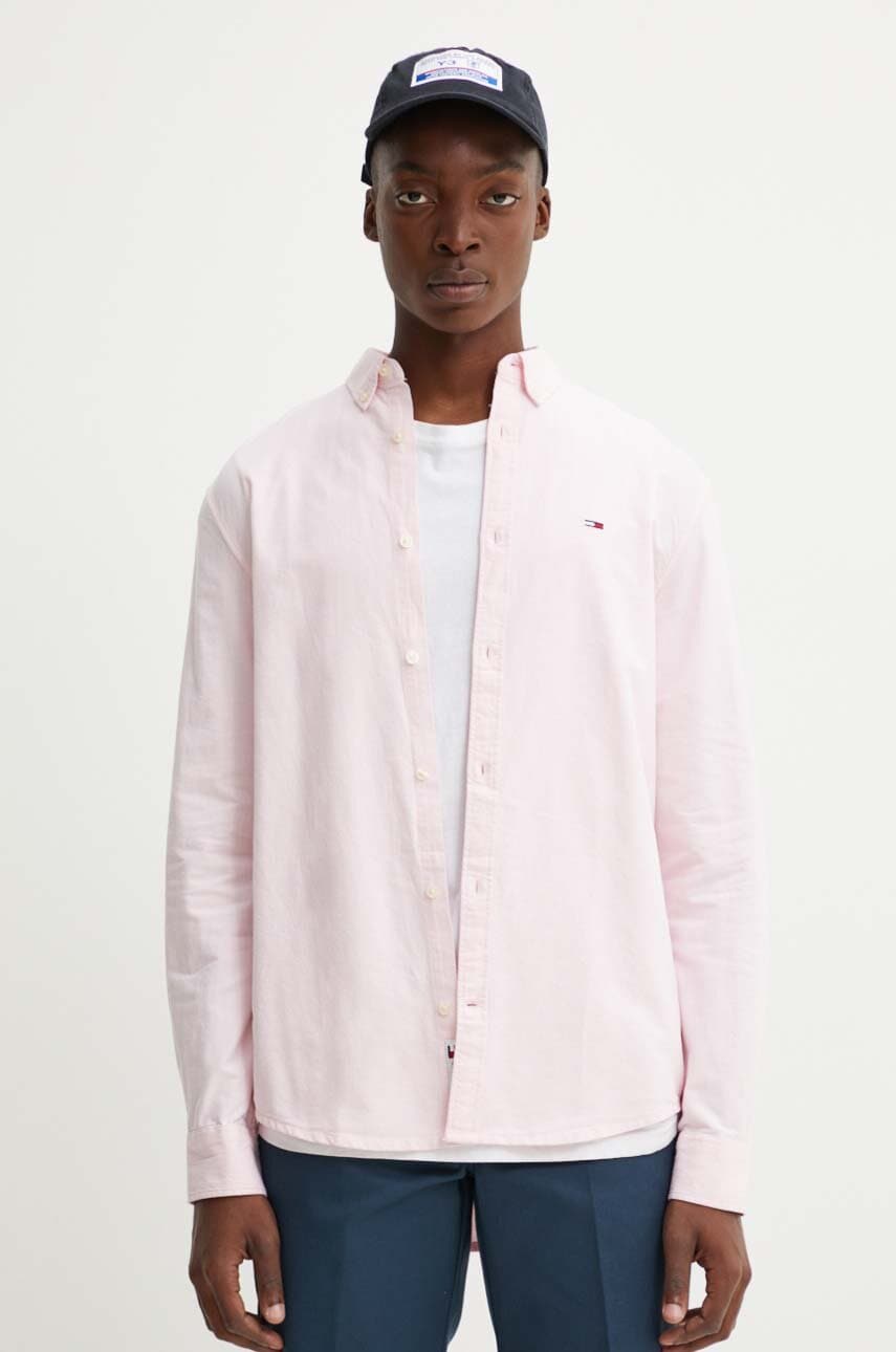 Tommy Jeans camasa din bumbac barbati, culoarea roz, cu guler button-down, regular