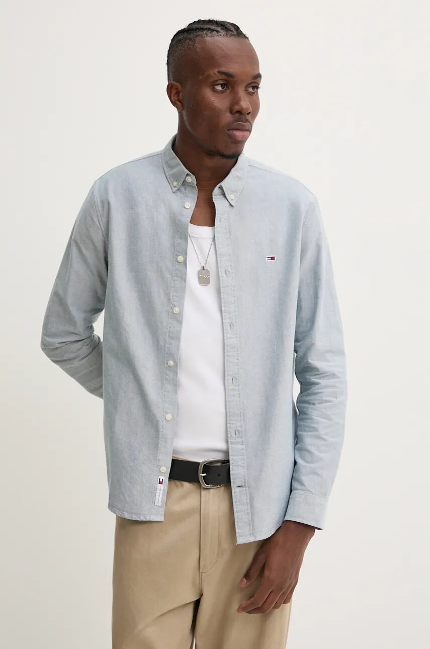 Tommy Jeans camasa din bumbac barbati, culoarea verde, cu guler button-down, regular