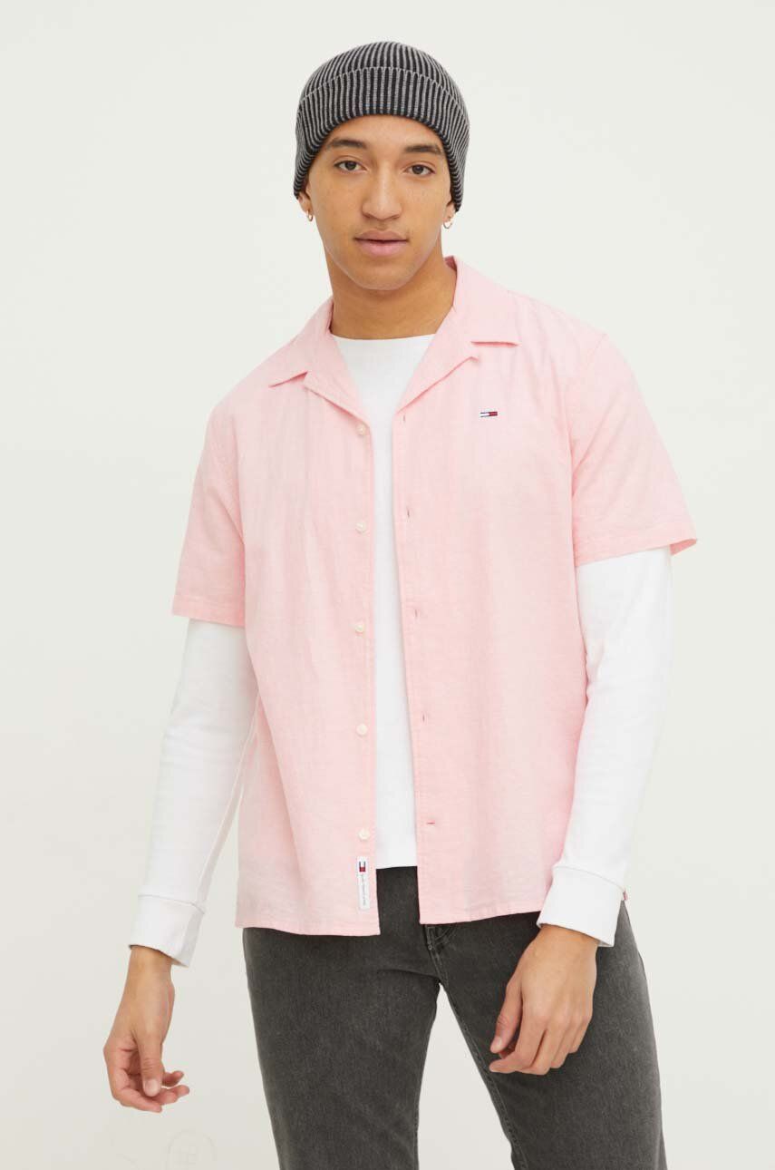 Košile s příměsí lnu Tommy Jeans růžová barva, regular, DM0DM18963