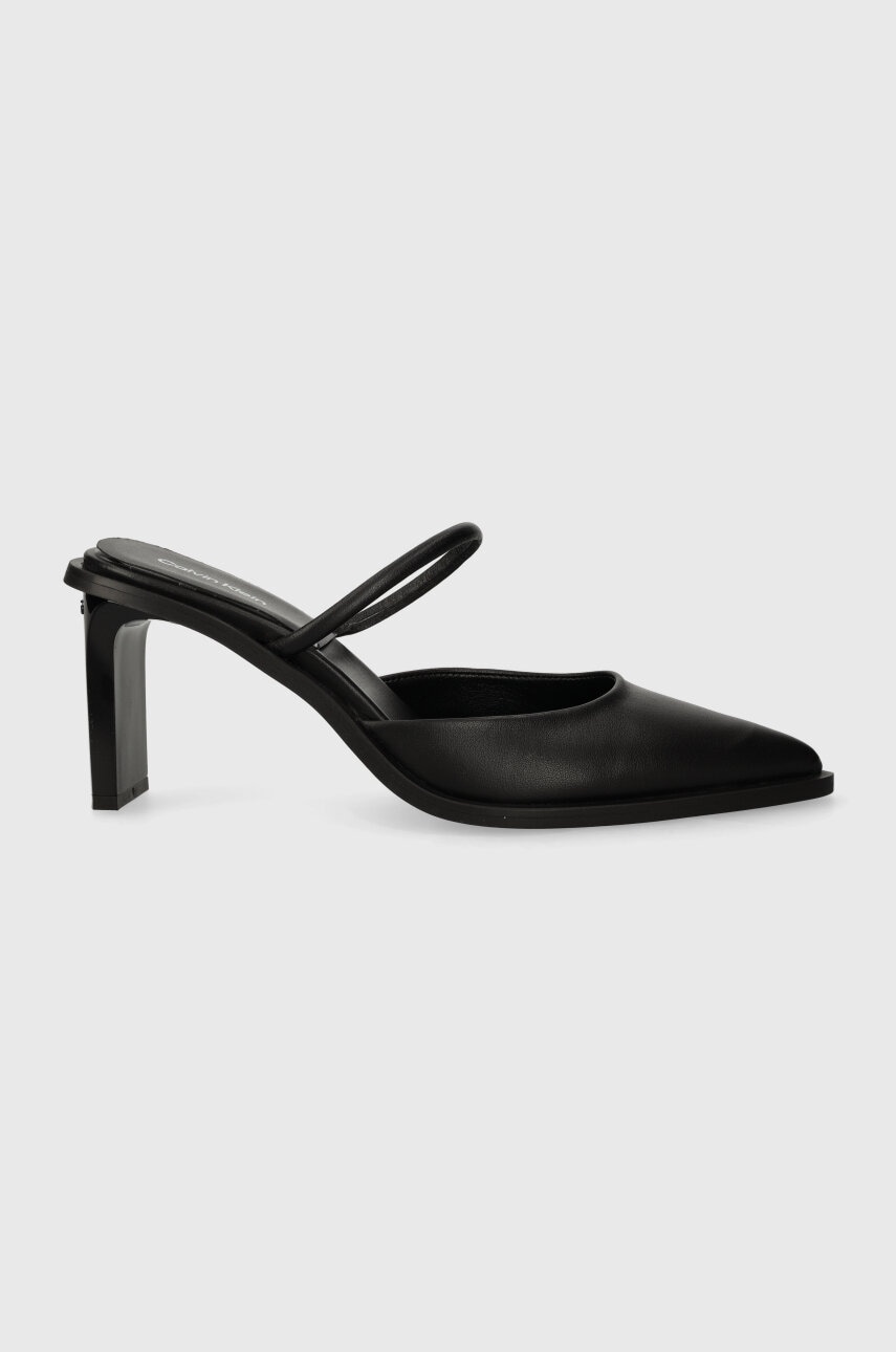 Levně Kožené pantofle Calvin Klein PADDED CURVED STIL MULE PUMP 70 dámské, černá barva, na podpatku, HW0HW01991