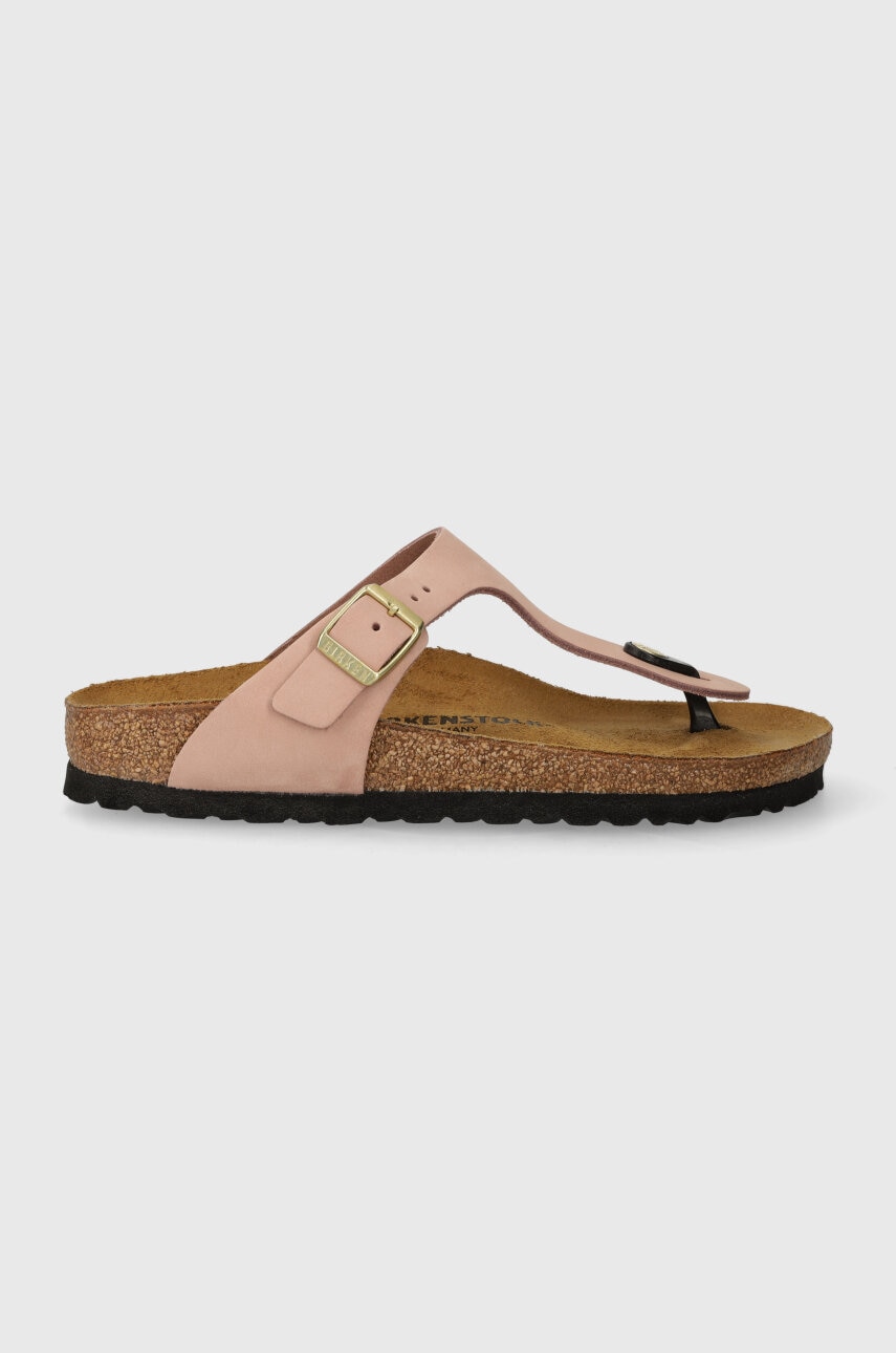 Birkenstock slapi din piele intoarsa Gizeh femei, culoarea roz, cu toc plat, 1026563