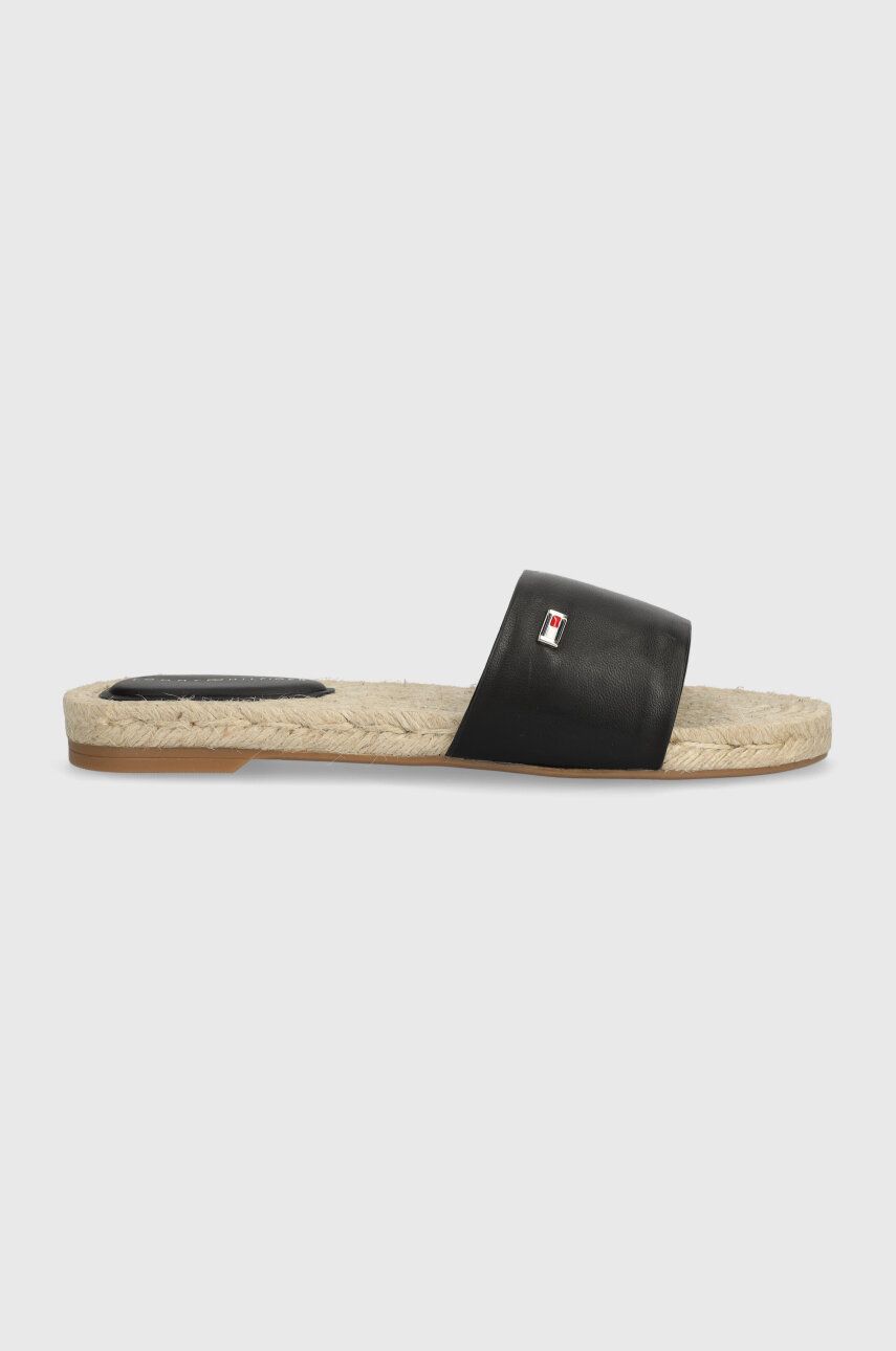Levně Kožené pantofle Tommy Hilfiger SIMPLE LEATHER FLAT ESP SANDAL dámské, černá barva, FW0FW07933