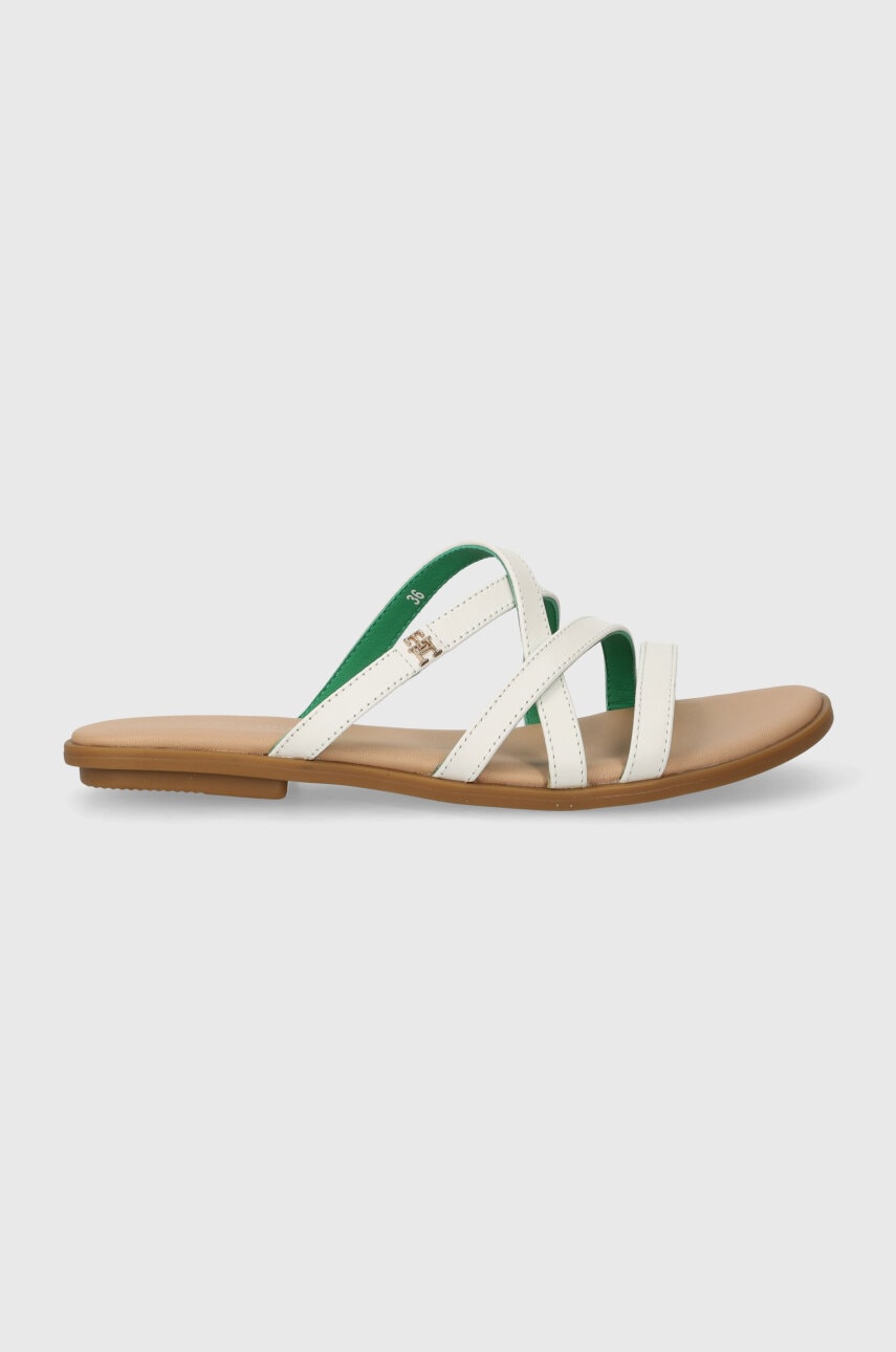 Levně Kožené pantofle Tommy Hilfiger TH STRAP FLAT SANDAL dámské, béžová barva, FW0FW08067