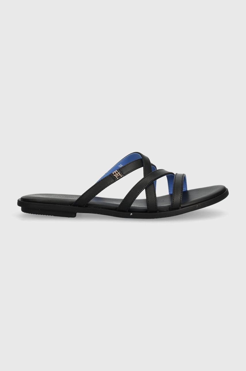 Levně Kožené pantofle Tommy Hilfiger TH STRAP FLAT SANDAL dámské, černá barva, FW0FW08067