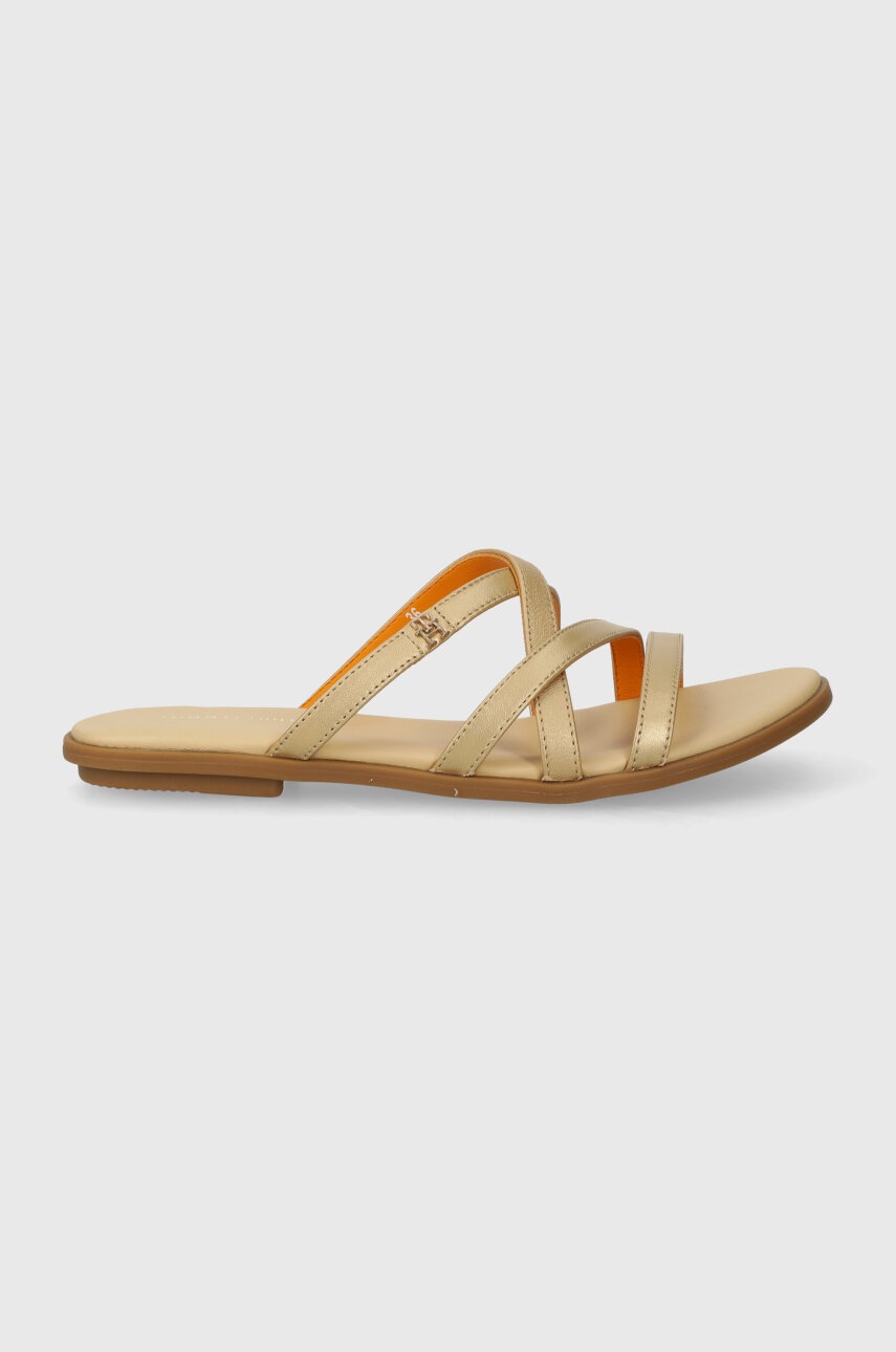 Levně Kožené pantofle Tommy Hilfiger TH STRAP FLAT SANDAL GOLD dámské, zlatá barva, FW0FW08068