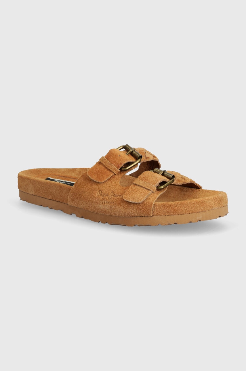 Pepe Jeans papuci din piele PLS80004 femei, culoarea maro, OBAN BRAID