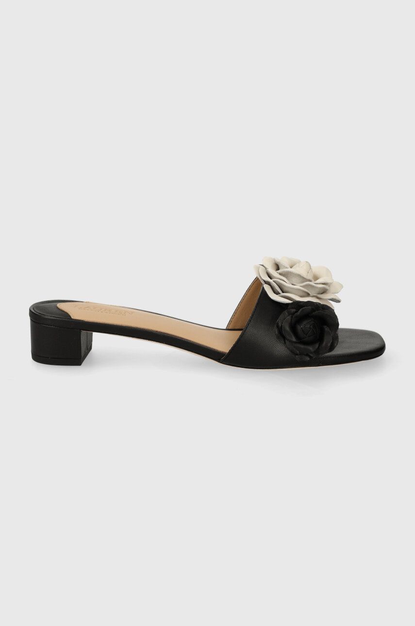 Levně Kožené pantofle Lauren Ralph Lauren Fay dámské, černá barva, na podpatku, 80293600000000000