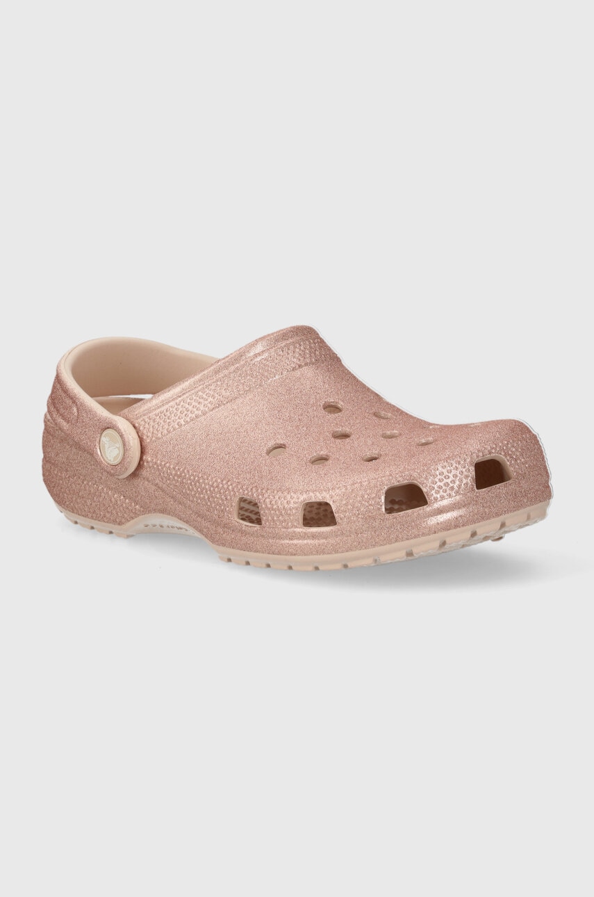 Crocs papuci Classic Glitter Clog femei, culoarea roz, 205942