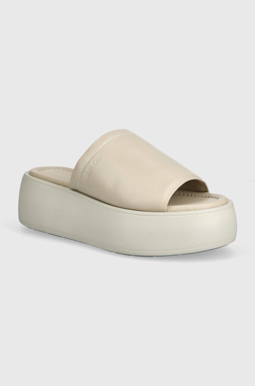 Levně Kožené pantofle Calvin Klein FLATFORM SLIDE LTH dámské, béžová barva, na platformě, HW0HW01943