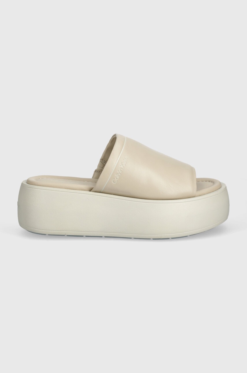 Δερμάτινες παντόφλες Calvin Klein FLATFORM SLIDE LTH γυναικείες, χρώμα: μπεζ, HW0HW01943 φωτογραφία