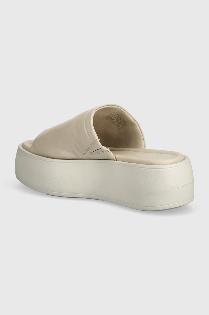 Δερμάτινες παντόφλες Calvin Klein FLATFORM SLIDE LTH γυναικείες, χρώμα: μπεζ, HW0HW01943 φωτογραφία