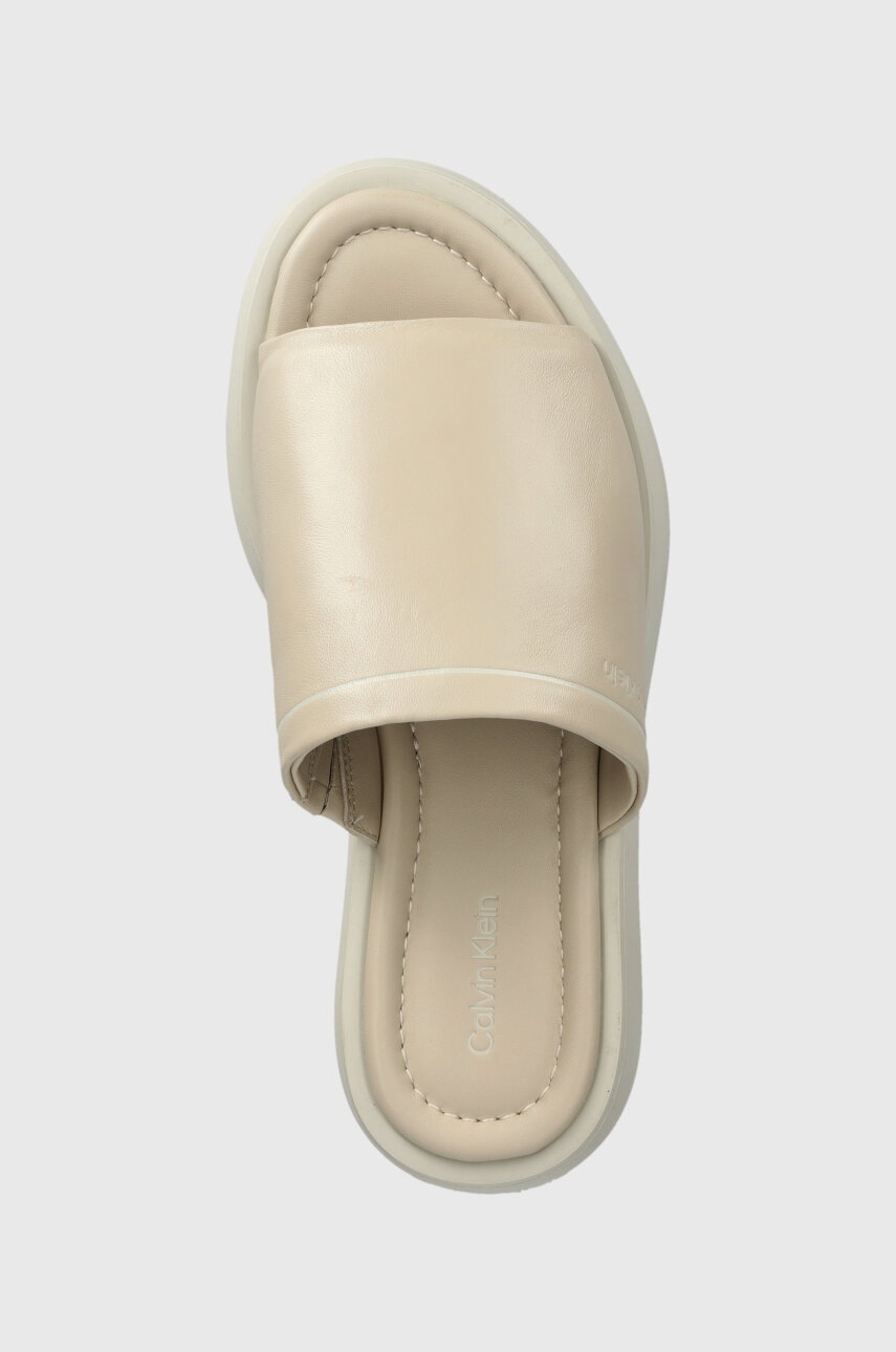 Δερμάτινες παντόφλες Calvin Klein FLATFORM SLIDE LTH γυναικείες, χρώμα: μπεζ, HW0HW01943 φωτογραφία