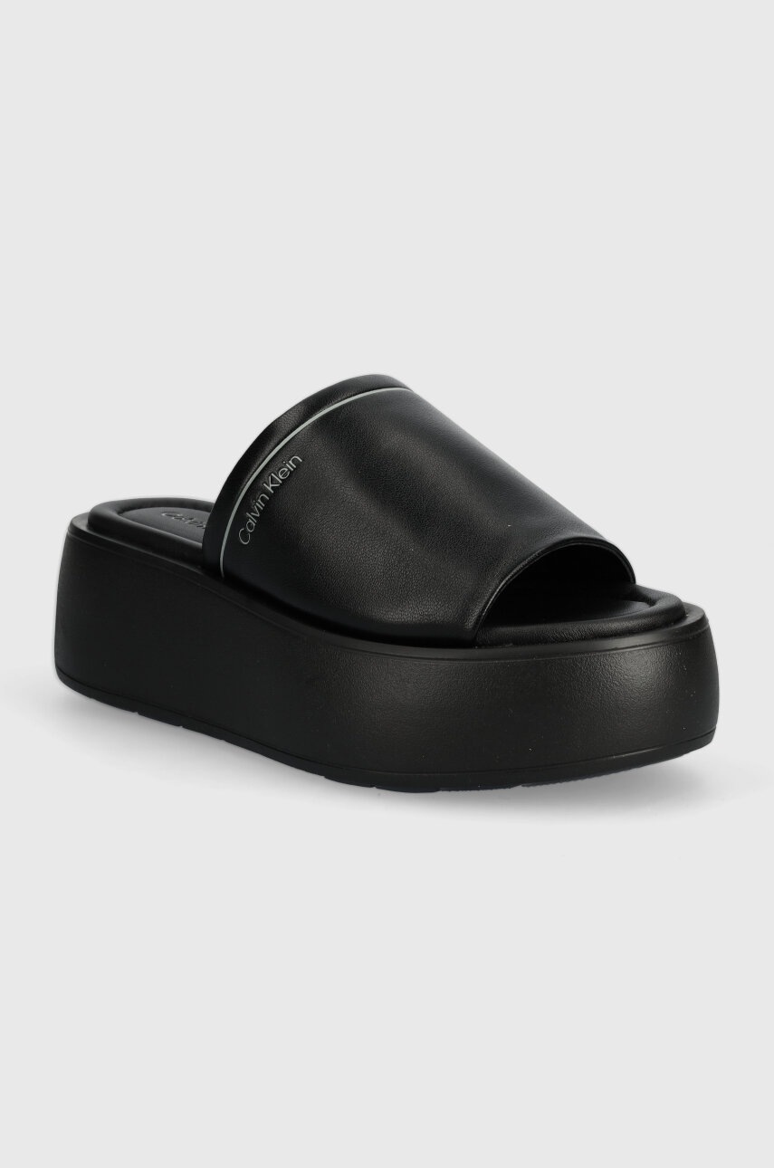 

Кожени чехли Calvin Klein FLATFORM SLIDE LTH в черно с платформа HW0HW01943, Черен