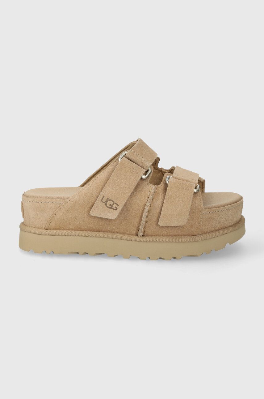 UGG papuci din piele Goldenstar Hi Slide femei, culoarea bej