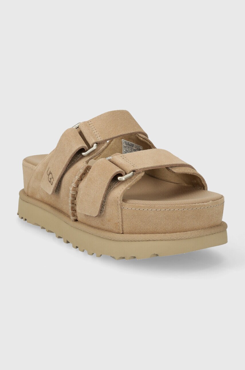 Замшеві шльопанці UGG Goldenstar Hi Slide жіночі колір бежевий на платформі 1155458