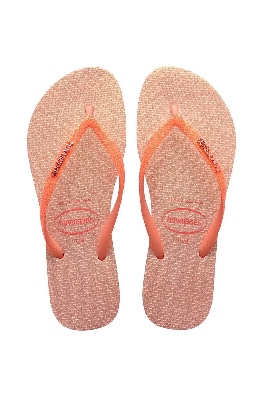 Havaianas slapi SLIM GLITTER IRIDESCENT femei, culoarea portocaliu, cu toc plat, 4148922.5567