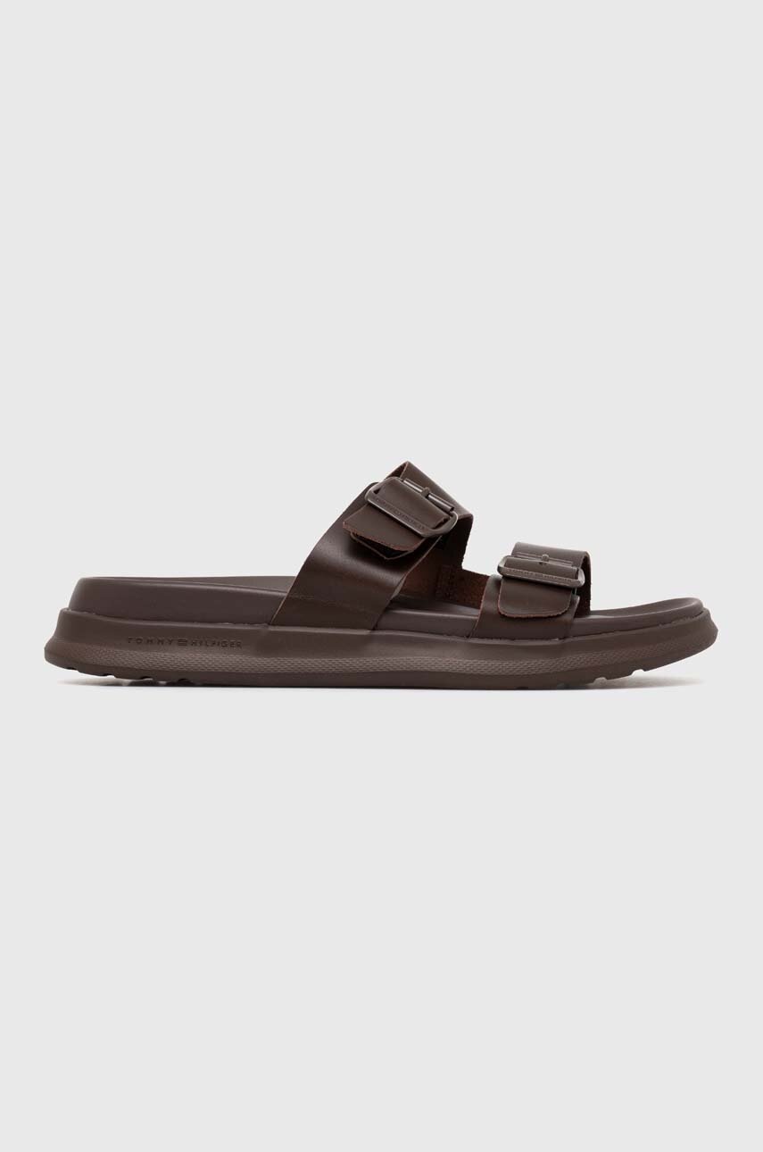 Levně Kožené pantofle Tommy Hilfiger D DENSITY BUCKLE SANDAL pánské, hnědá barva, FM0FM05005