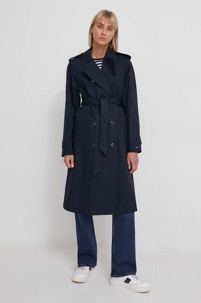 Levně Trench kabát Tommy Hilfiger dámský, tmavomodrá barva, přechodný, dvouřadový, WW0WW40482