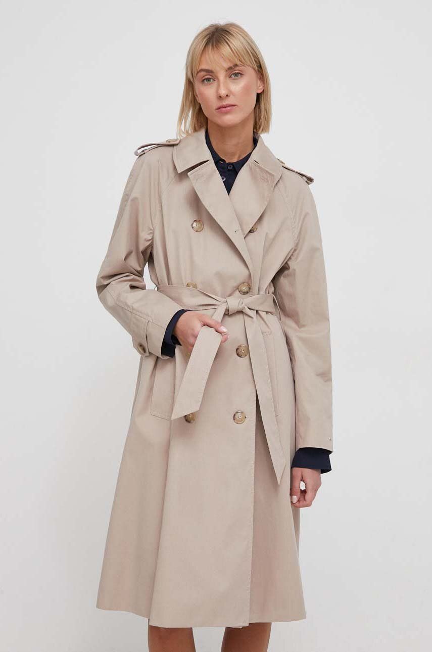 Levně Trench kabát Tommy Hilfiger dámský, béžová barva, přechodný, dvouřadový, WW0WW40482