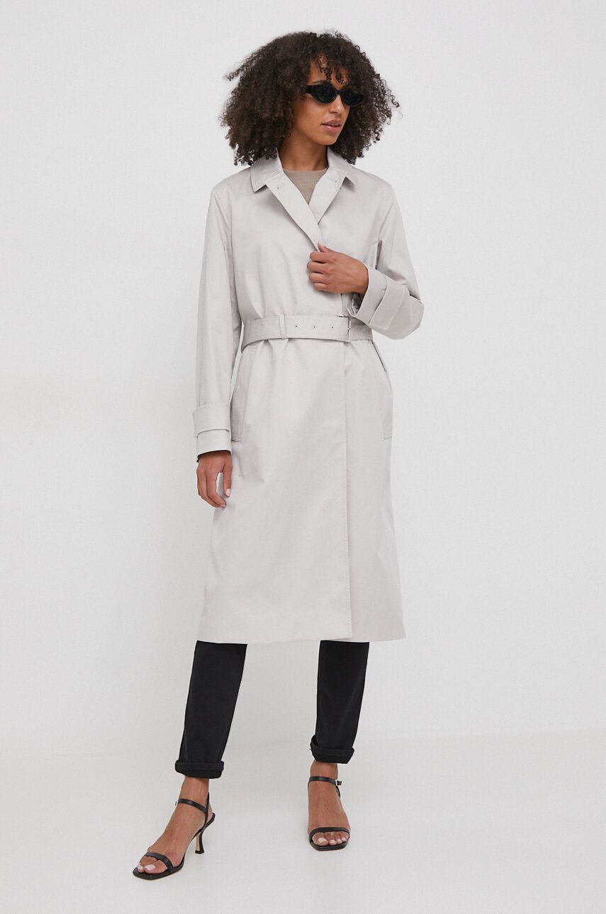 Levně Trench kabát Calvin Klein dámský, šedá barva, přechodný, dvouřadový, K20K206320