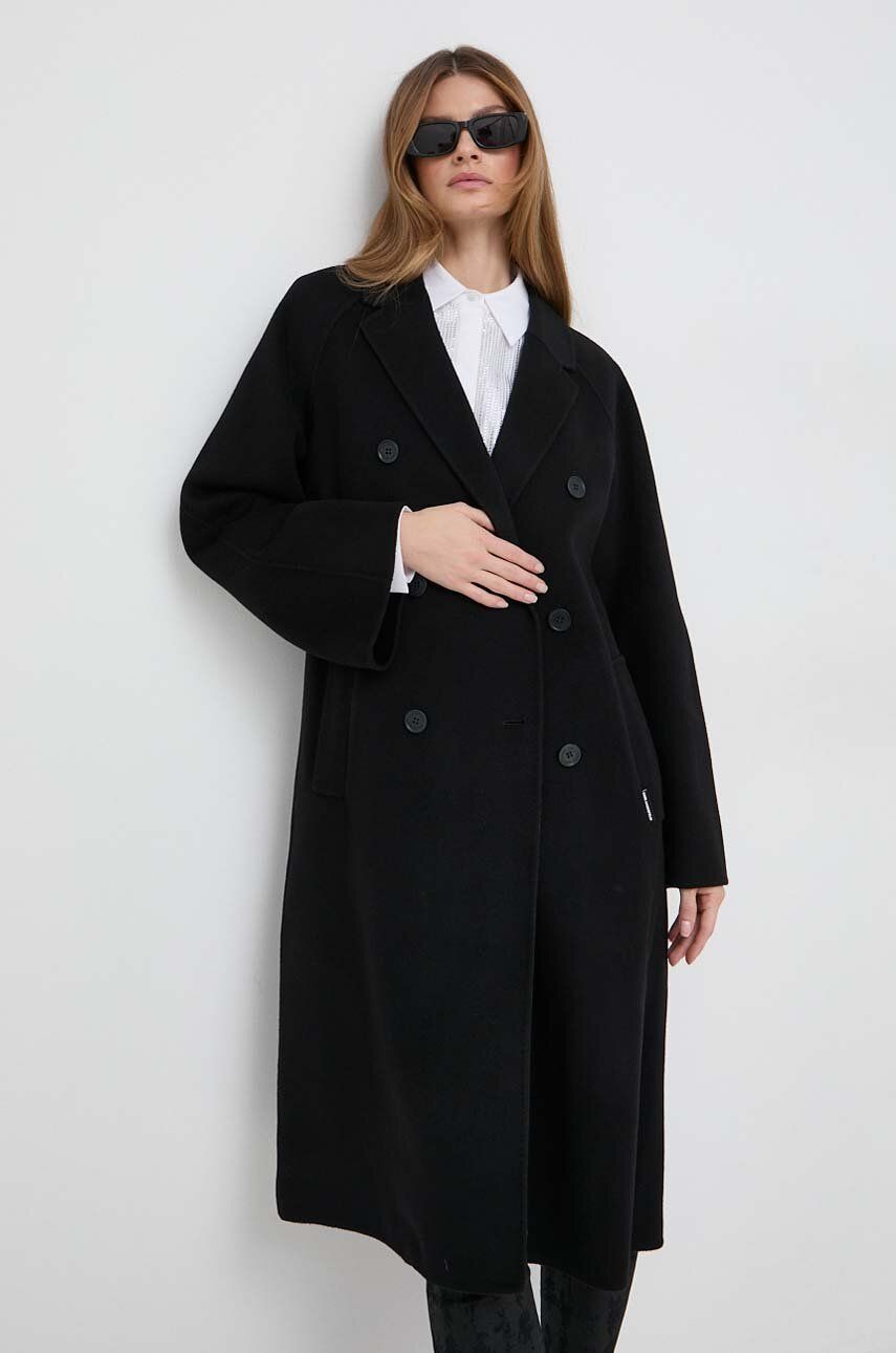 Levně Vlněný kabát Karl Lagerfeld černá barva, přechodný, dvouřadový