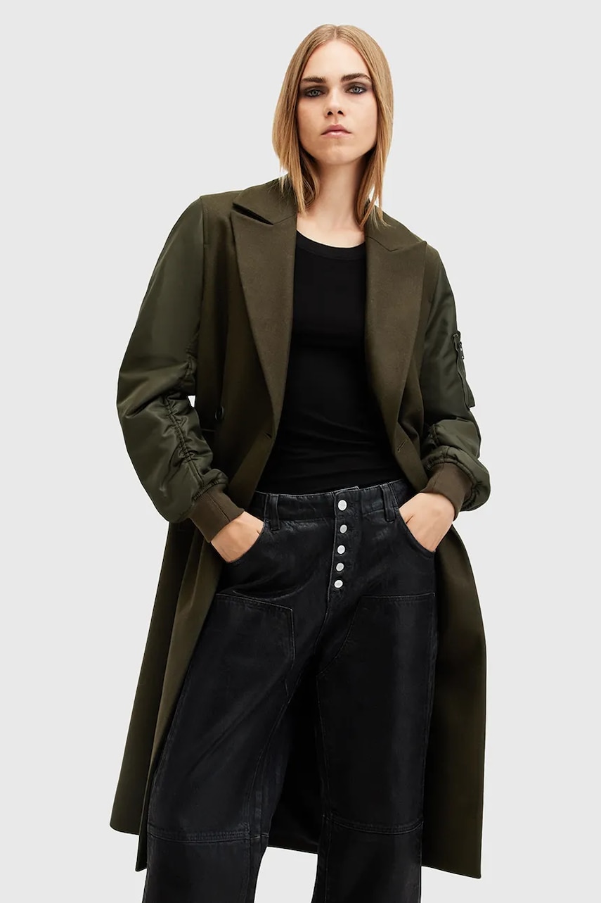 AllSaints palton de lana PAULAH culoarea verde, de tranzitie, cu doua randuri de nasturi, W007OZ AllSaints palton de lana PAULAH culoarea verde, de tranzitie, cu doua randuri de nasturi, W007OZ