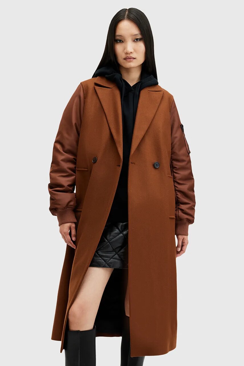 AllSaints palton de lana PAULAH culoarea maro, de tranzitie, cu doua randuri de nasturi, W007OZ AllSaints palton de lana PAULAH culoarea maro, de tranzitie, cu doua randuri de nasturi, W007OZ