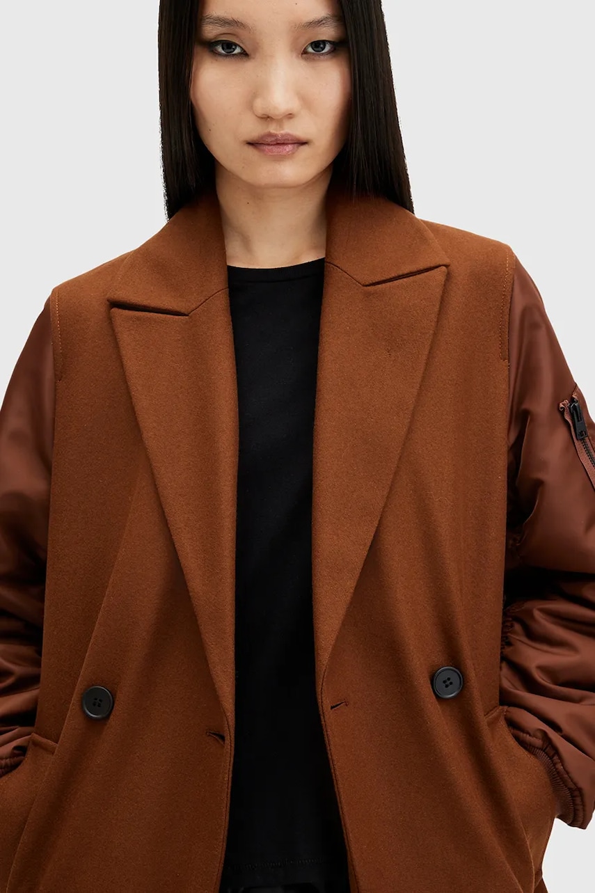 Пальто с шерстью AllSaints PAULAH цвет коричневый переходное двубортное W007OZ Пальто с шерстью AllSaints PAULAH цвет коричневый переходное двубортное W007OZ