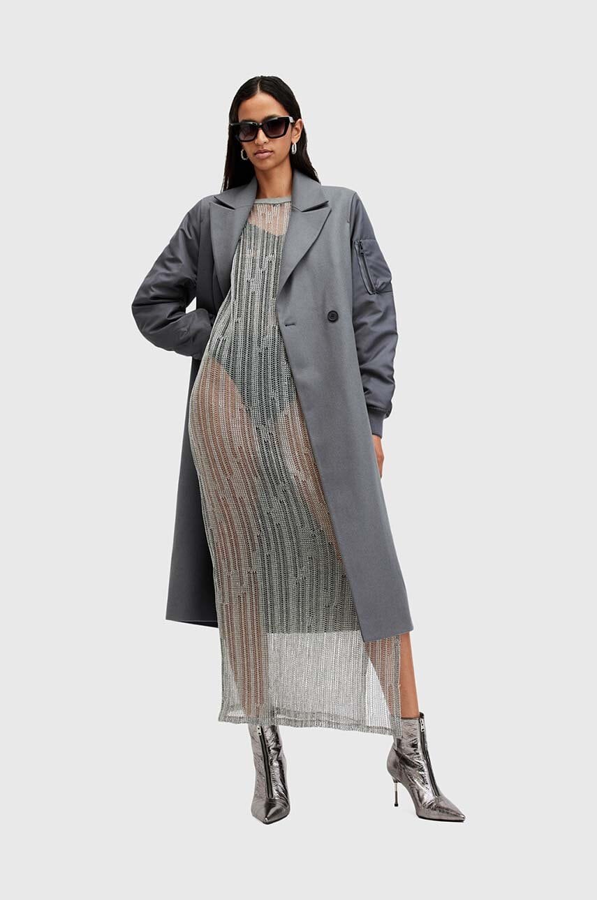 AllSaints palton de lana PAULAH culoarea gri, de tranzitie, cu doua randuri de nasturi, W007OZ