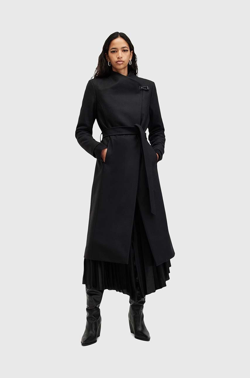 AllSaints palton de lana RILEY culoarea negru, de tranzitie, W009OZ AllSaints palton de lana RILEY culoarea negru, de tranzitie, W009OZ